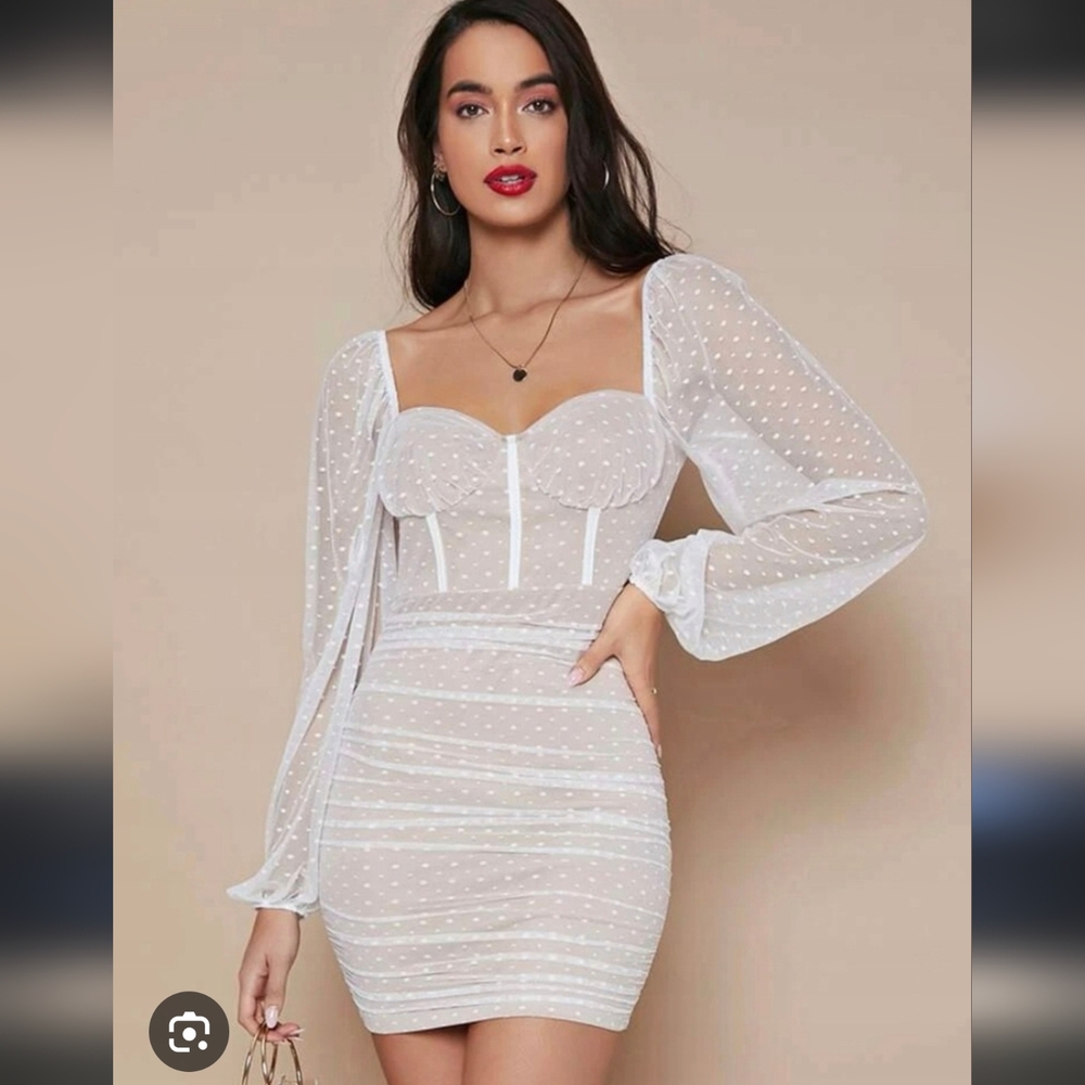 Long Sleeve Mesh White Dress